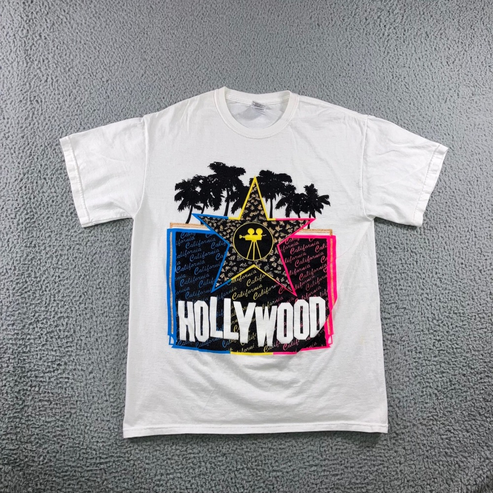 Vtg Gildan Hollywood California T-Shirt Men M Graphic Palm Tree Leopard Star Y2K